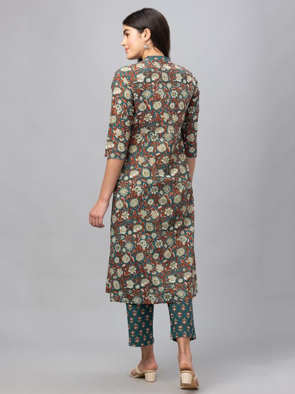 Globus Women Green Mandarin Collar Printed Panelled Kurta Set with Trouser