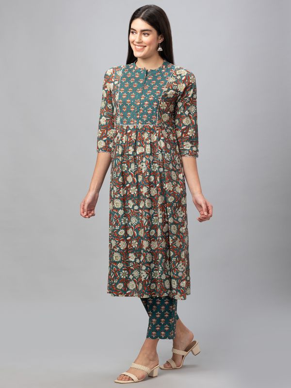 Globus Women Green Mandarin Collar Printed Panelled Kurta Set with Trouser