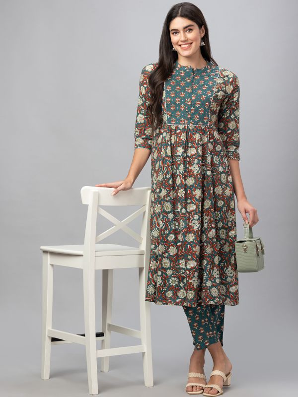 Globus Women Green Mandarin Collar Printed Panelled Kurta Set with Trouser