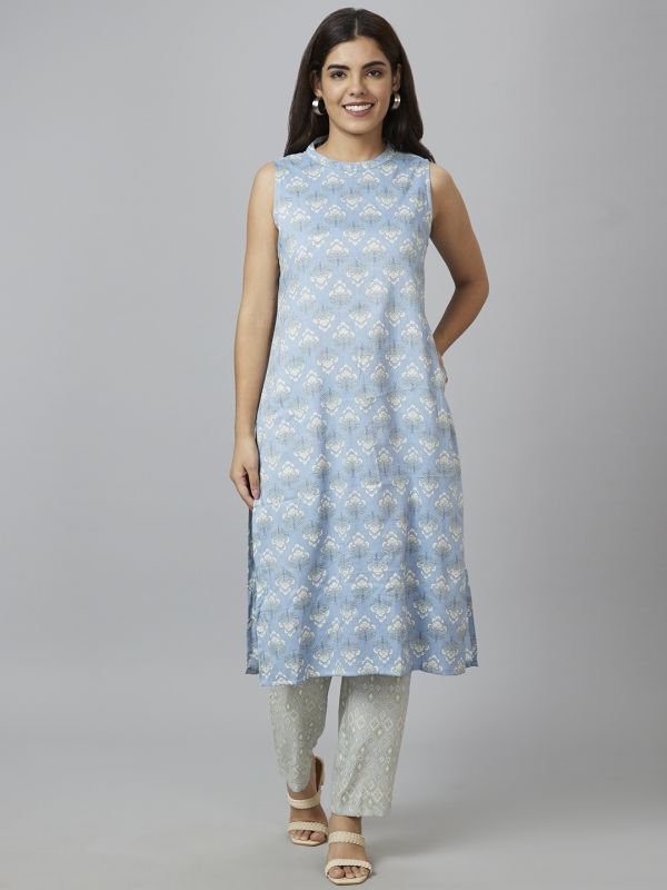 Globus Women Blue Printed Band Collar Straight Kurta Set with Trouser