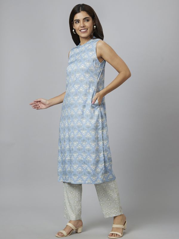 Globus Women Blue Printed Band Collar Straight Kurta Set with Trouser