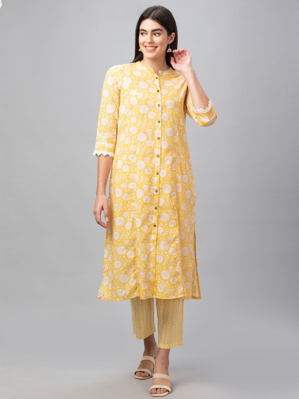 Globus Women Yellow Mandarin Collar Printed Kurta Set with Trouser