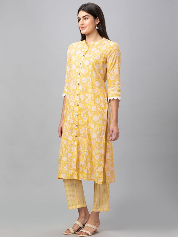 Globus Women Yellow Mandarin Collar Printed Kurta Set with Trouser