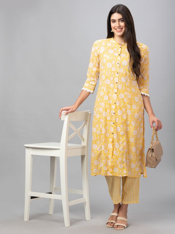 Globus Women Yellow Mandarin Collar Printed Kurta Set with Trouser