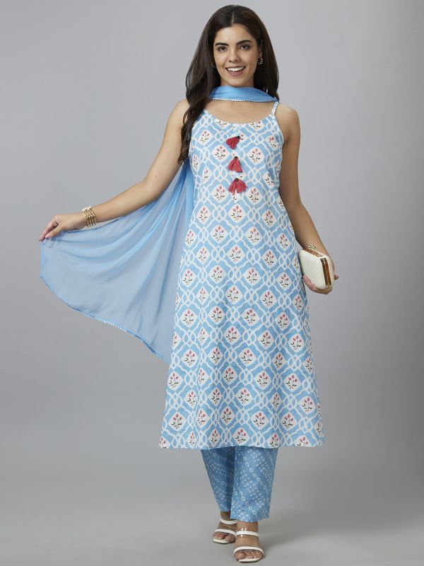 Globus Women Blue Printed Straight Kurta Set with Trouser and Dupatta