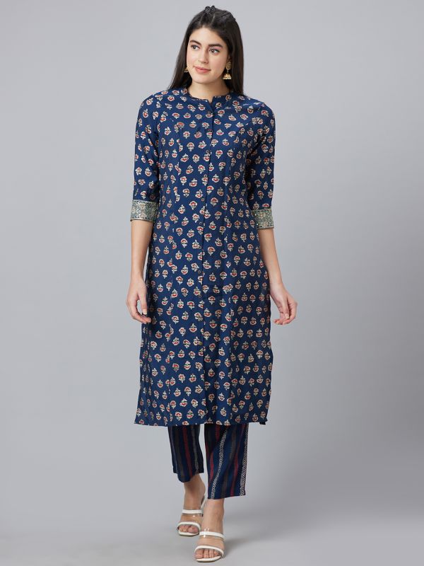 Globus Women Blue Printed Straight Kurta Set with Trouser