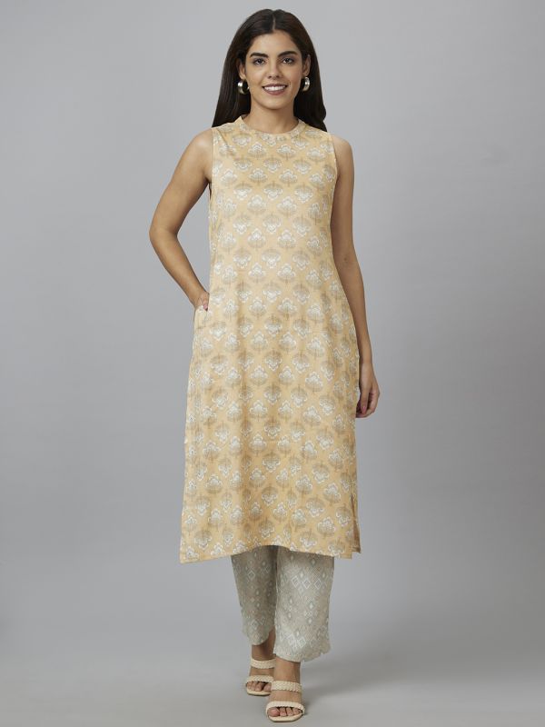 Globus Women Yellow Printed Band Collar Straight Kurta Set with Trouser