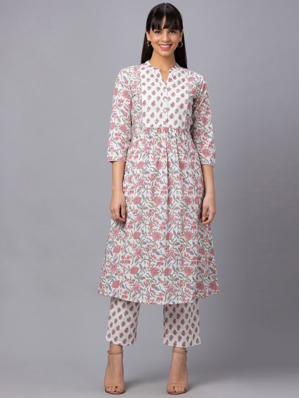 Globus Women Ivory Mandarin Collar Printed Panelled Kurta Set with Trouser