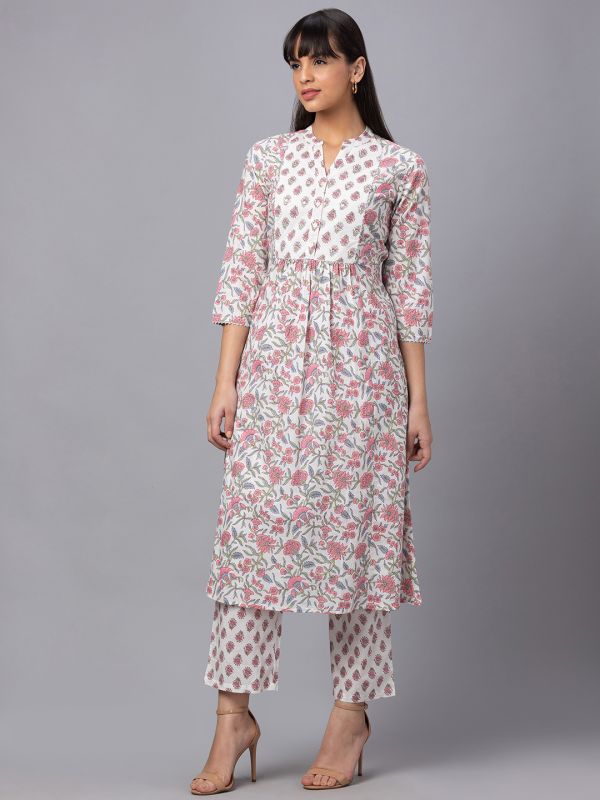 Globus Women Ivory Mandarin Collar Printed Panelled Kurta Set with Trouser