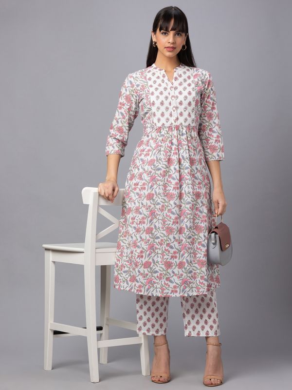 Globus Women Ivory Mandarin Collar Printed Panelled Kurta Set with Trouser