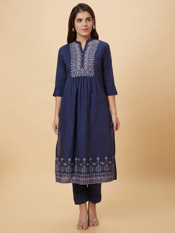 Globus Women Navy Embroidered Kurta Set with Trouser