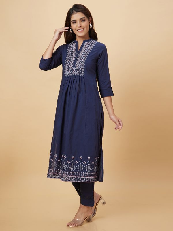 Globus Women Navy Embroidered Kurta Set with Trouser