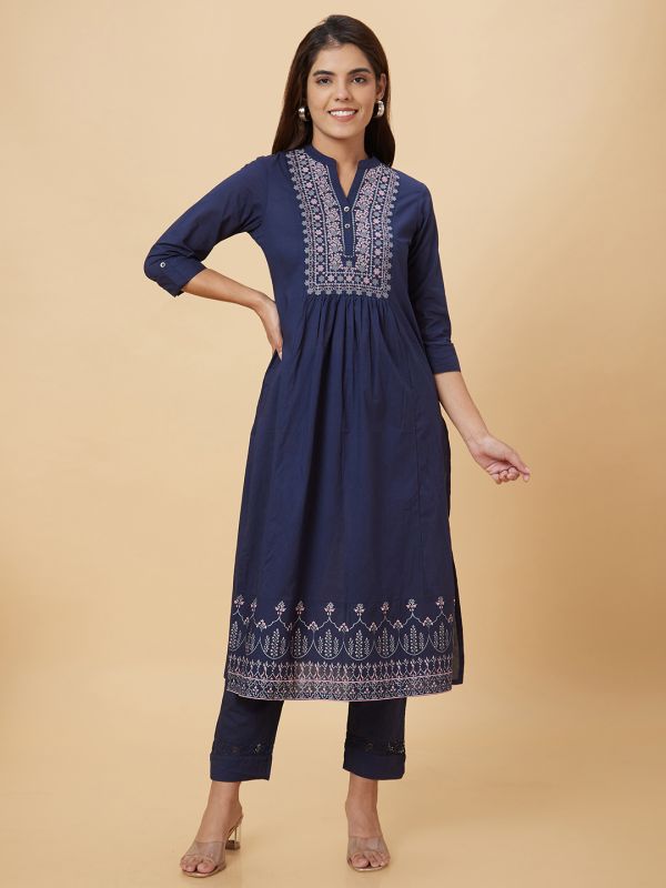 Globus Women Navy Embroidered Kurta Set with Trouser