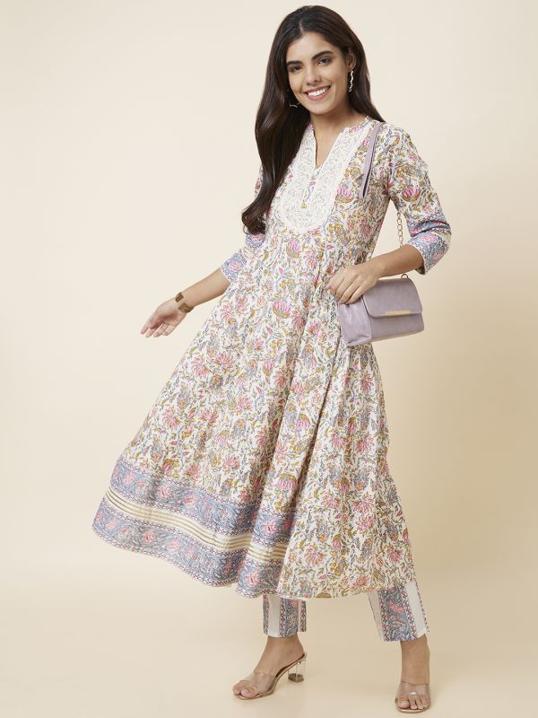 Globus Women Off White Printed Anarkali Kurta Set with Trouser