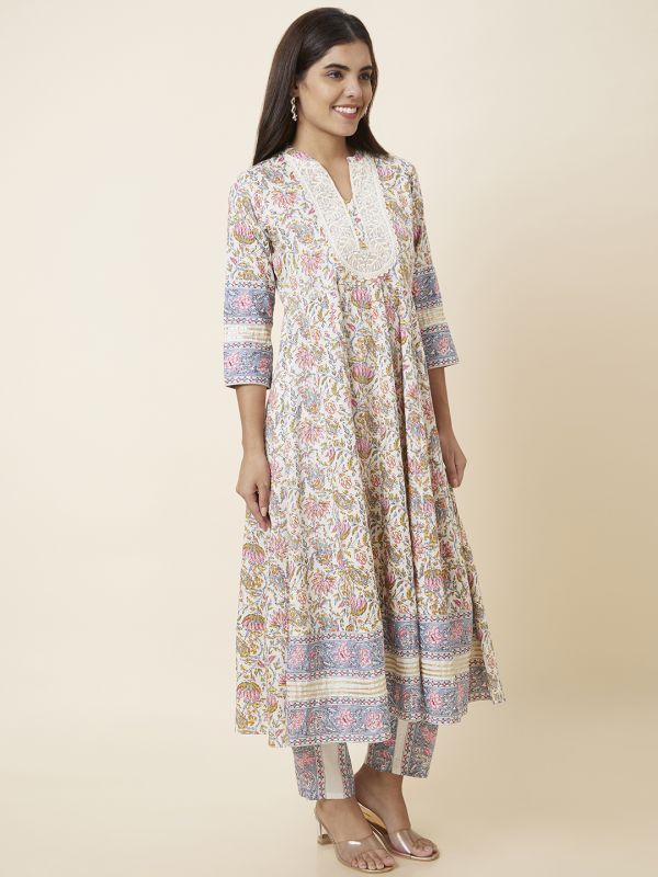 Globus Women Off White Printed Anarkali Kurta Set with Trouser