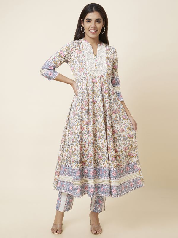 Globus Women Off White Printed Anarkali Kurta Set with Trouser