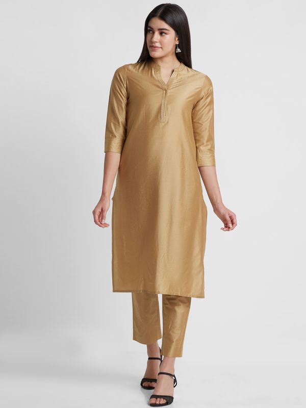 Globus Women Gold Solid Straight Kurta Set with Trouser