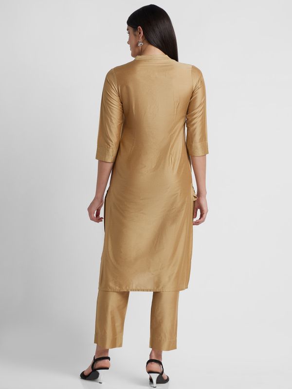 Globus Women Gold Solid Straight Kurta Set with Trouser