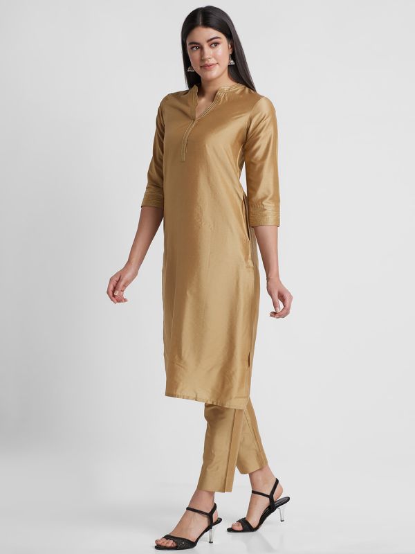 Globus Women Gold Solid Straight Kurta Set with Trouser