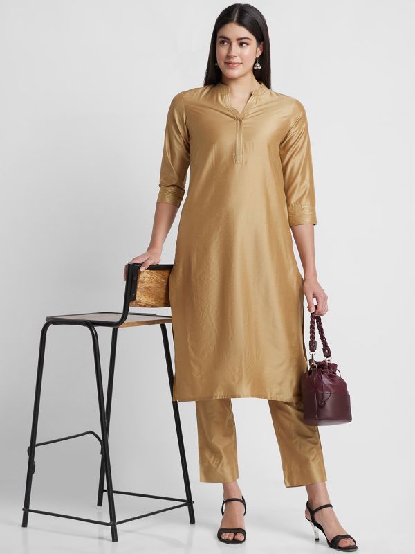 Globus Women Gold Solid Straight Kurta Set with Trouser