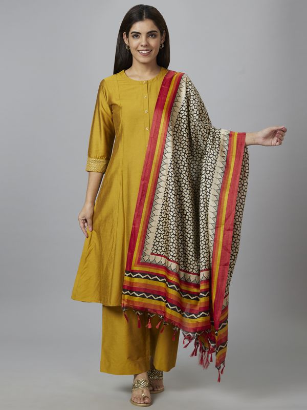 Globus Women Mustard Solid A-Line Kurta Set with Palazzo and Dupatta