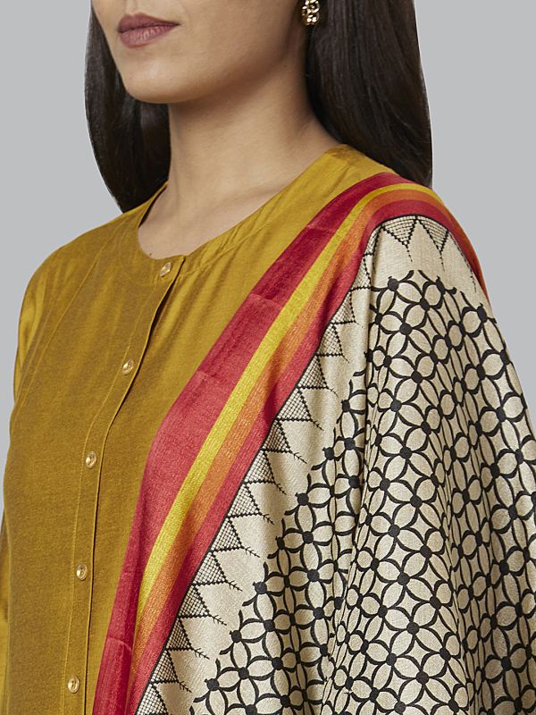 Globus Women Mustard Solid A-Line Kurta Set with Palazzo and Dupatta