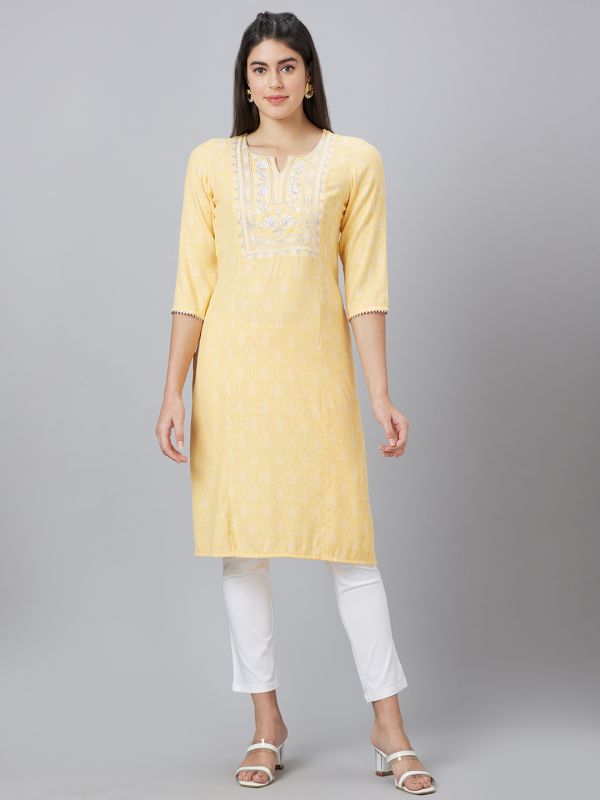 Globus Women Yellow Printed Round Neck Straight Kurta