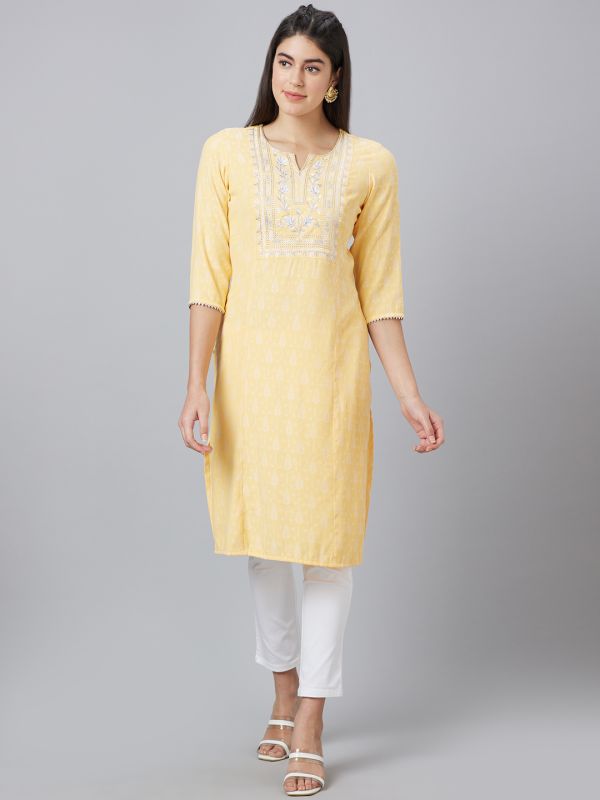 Globus Women Yellow Printed Round Neck Straight Kurta