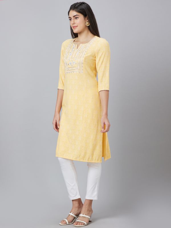 Globus Women Yellow Printed Round Neck Straight Kurta