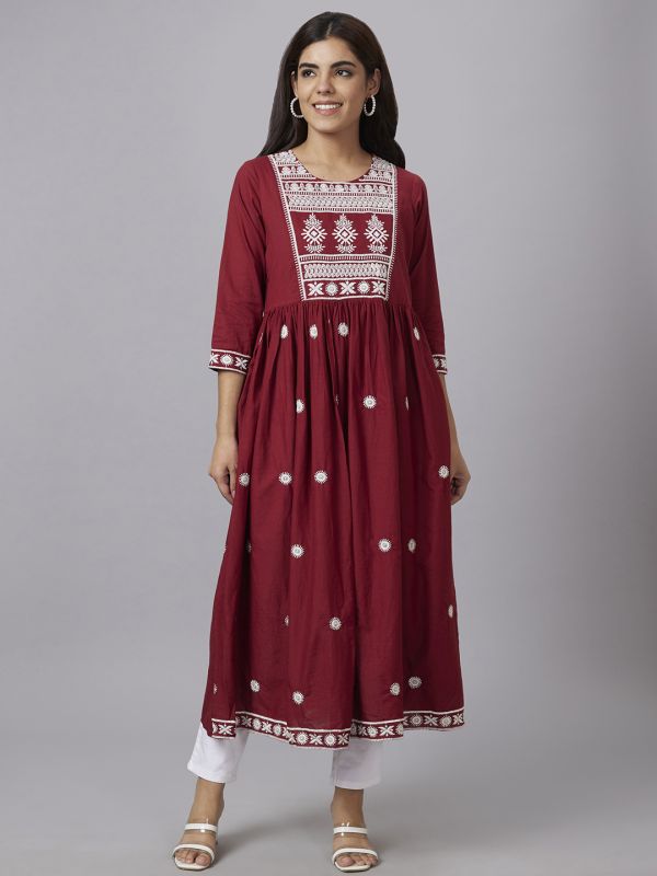 Globus Women Maroon Embroidered Round Neck Fit To Flare Kurta