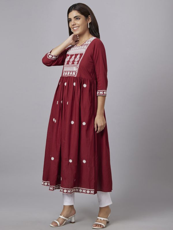 Globus Women Maroon Embroidered Round Neck Fit To Flare Kurta