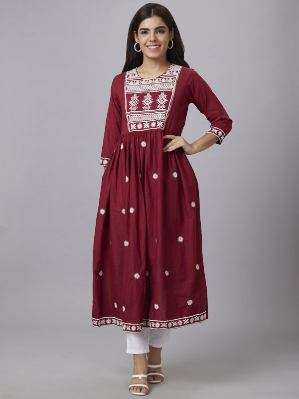 Globus Women Maroon Embroidered Round Neck Fit To Flare Kurta