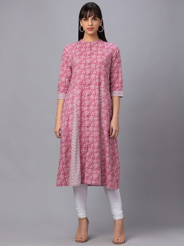 Globus Women Pink Printed Mandarin Collar 3/4 Sleeves Panelled A-Line Kurta