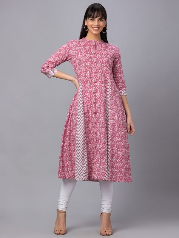 Globus Women Pink Printed Mandarin Collar 3/4 Sleeves Panelled A-Line Kurta