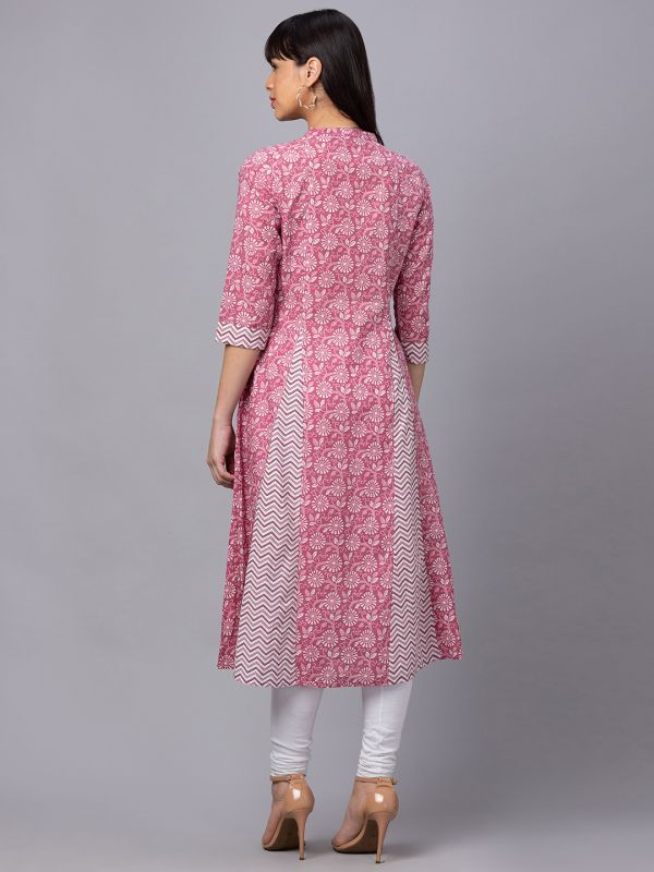 Globus Women Pink Printed Mandarin Collar 3/4 Sleeves Panelled A-Line Kurta