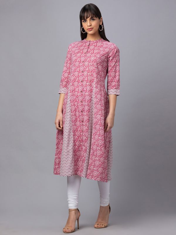 Globus Women Pink Printed Mandarin Collar 3/4 Sleeves Panelled A-Line Kurta