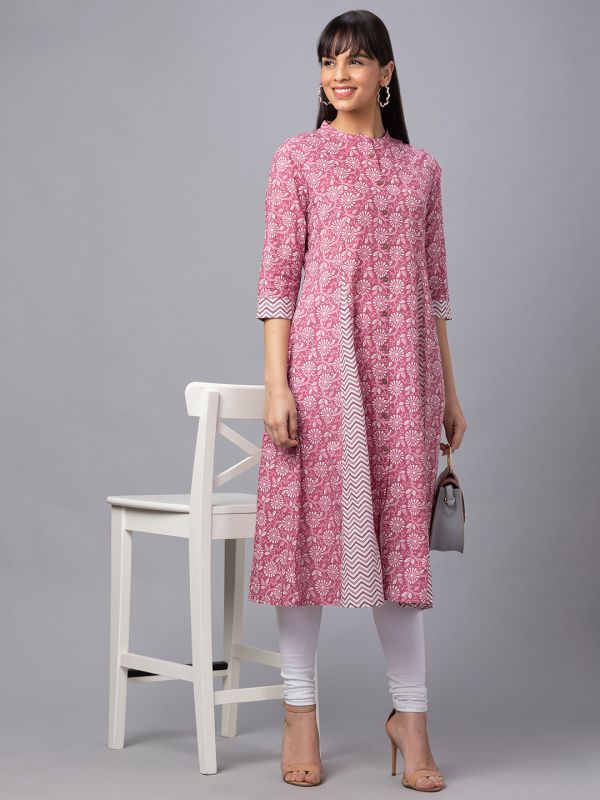 Globus Women Pink Printed Mandarin Collar 3/4 Sleeves Panelled A-Line Kurta