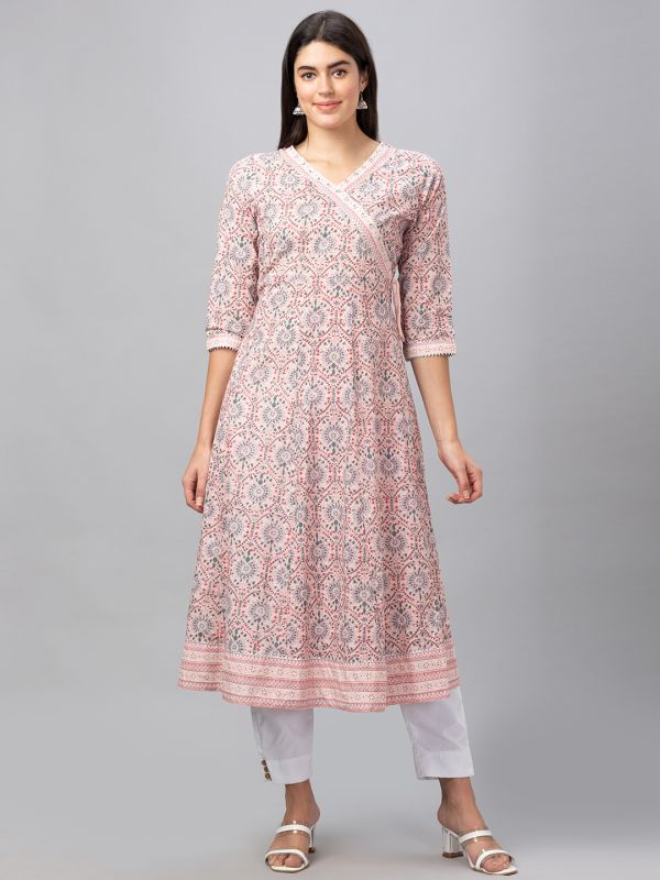 Globus Women Pink All Over Printed V-Neck Anarkali Kurta With Tassels