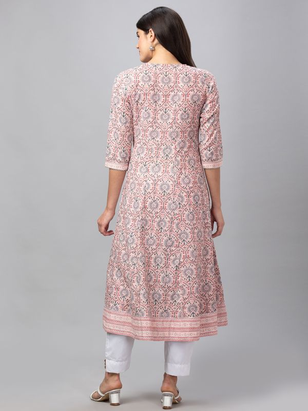 Globus Women Pink All Over Printed V-Neck Anarkali Kurta With Tassels