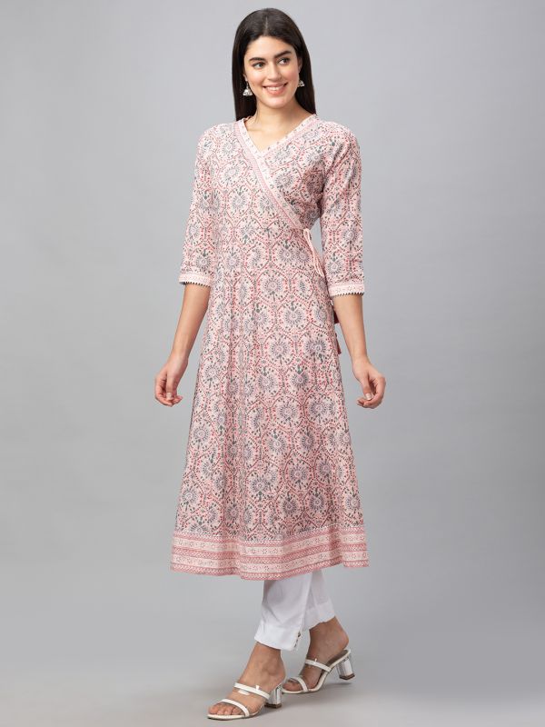 Globus Women Pink All Over Printed V-Neck Anarkali Kurta With Tassels