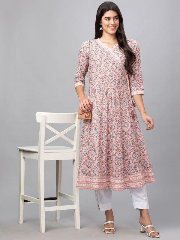 Globus Women Pink All Over Printed V-Neck Anarkali Kurta With Tassels