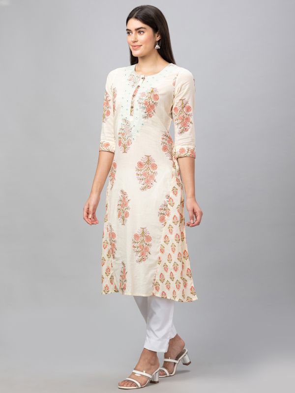 Globus Women Ecru Printed Round Neck 3/4 Sleeves Panelled A-Line Kurta