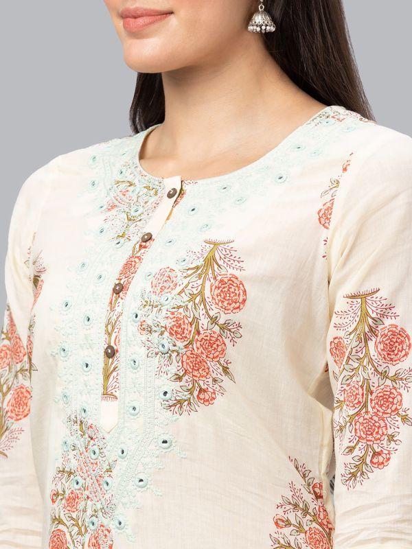 Globus Women Ecru Printed Round Neck 3/4 Sleeves Panelled A-Line Kurta