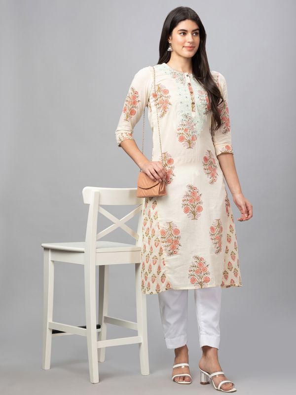 Globus Women Ecru Printed Round Neck 3/4 Sleeves Panelled A-Line Kurta