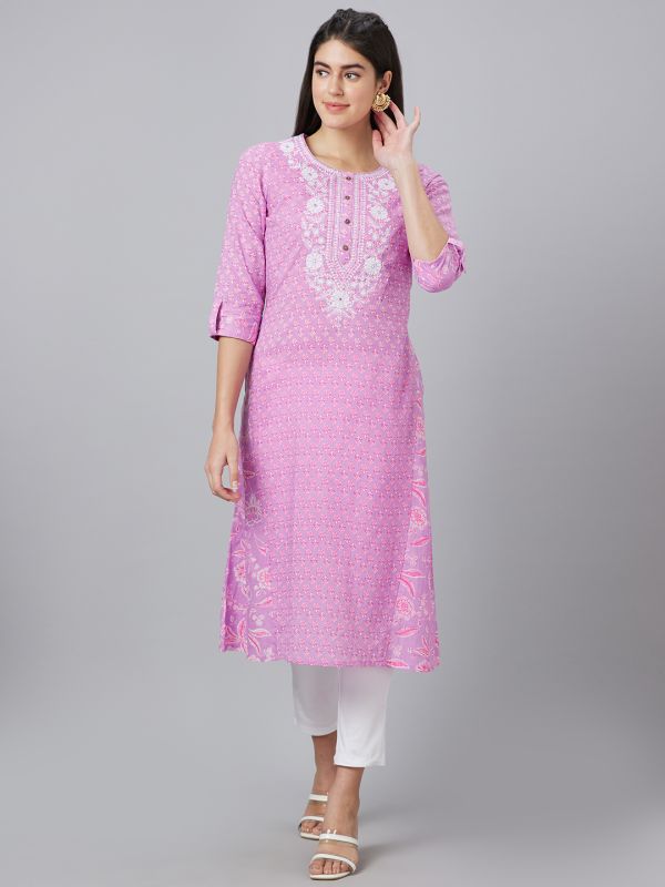 Globus Women Lavender Printed Round Neck A-Line Kurta