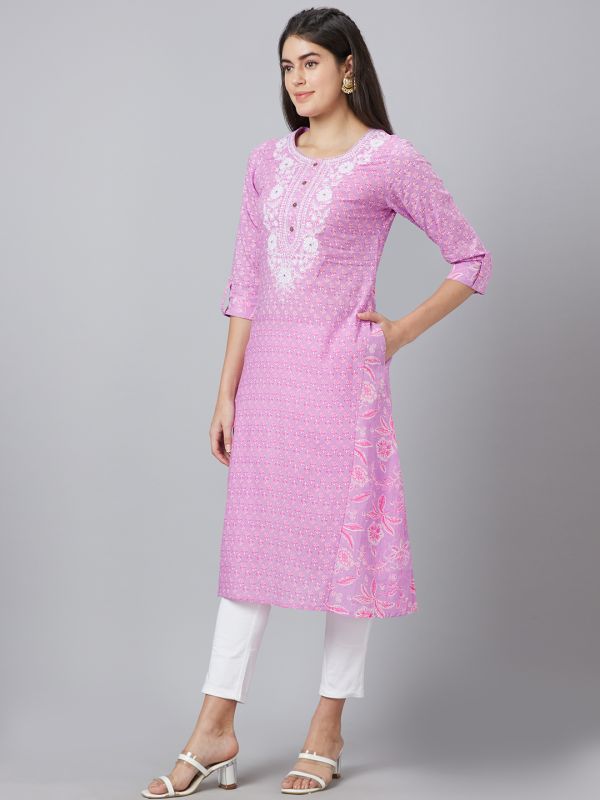 Globus Women Lavender Printed Round Neck A-Line Kurta