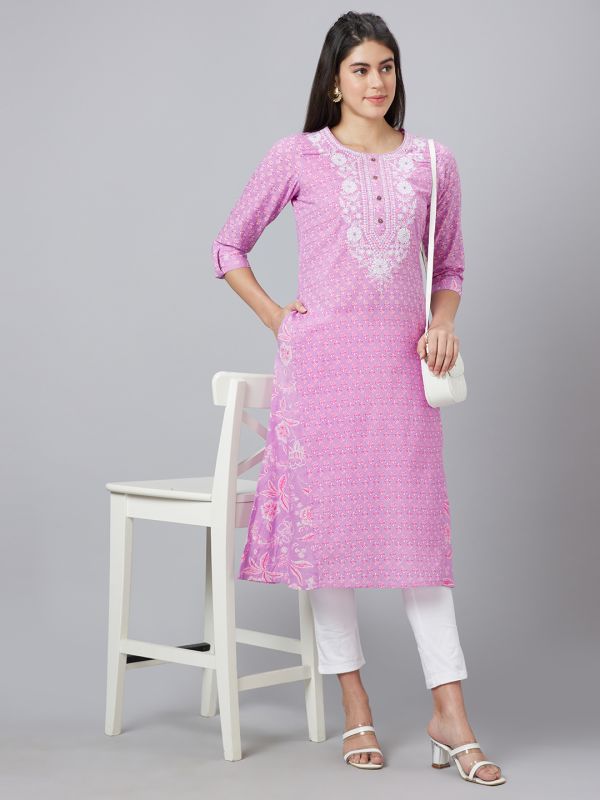 Globus Women Lavender Printed Round Neck A-Line Kurta