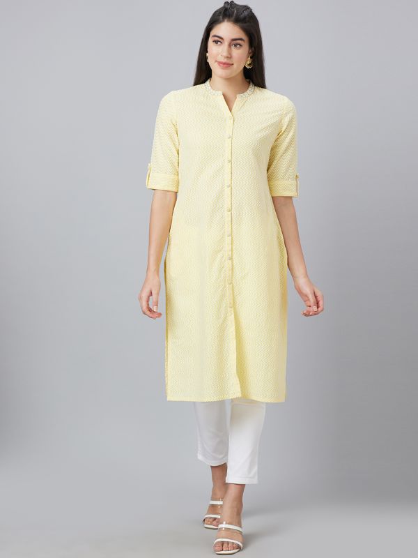 Globus Women Yellow Embroidered Mandarin Collar Straight Kurta