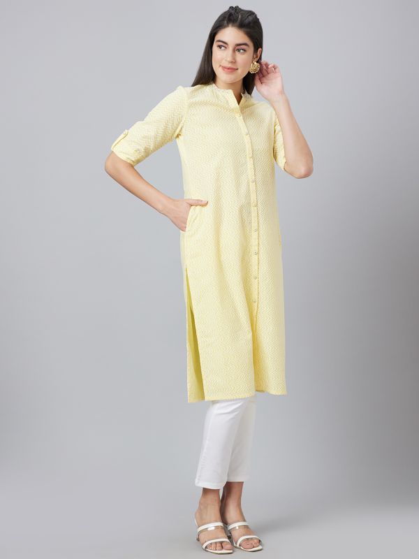 Globus Women Yellow Embroidered Mandarin Collar Straight Kurta