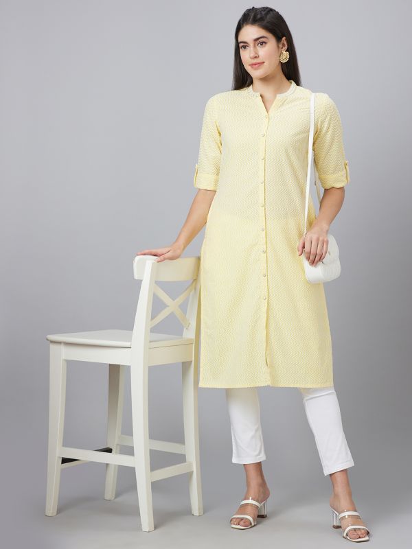 Globus Women Yellow Embroidered Mandarin Collar Straight Kurta